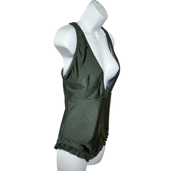 Cupshe Sweet Smile Solid One Piece Swimsuit Sz Large Gray Plunge V Ruffle Legs - Picture 2 of 4